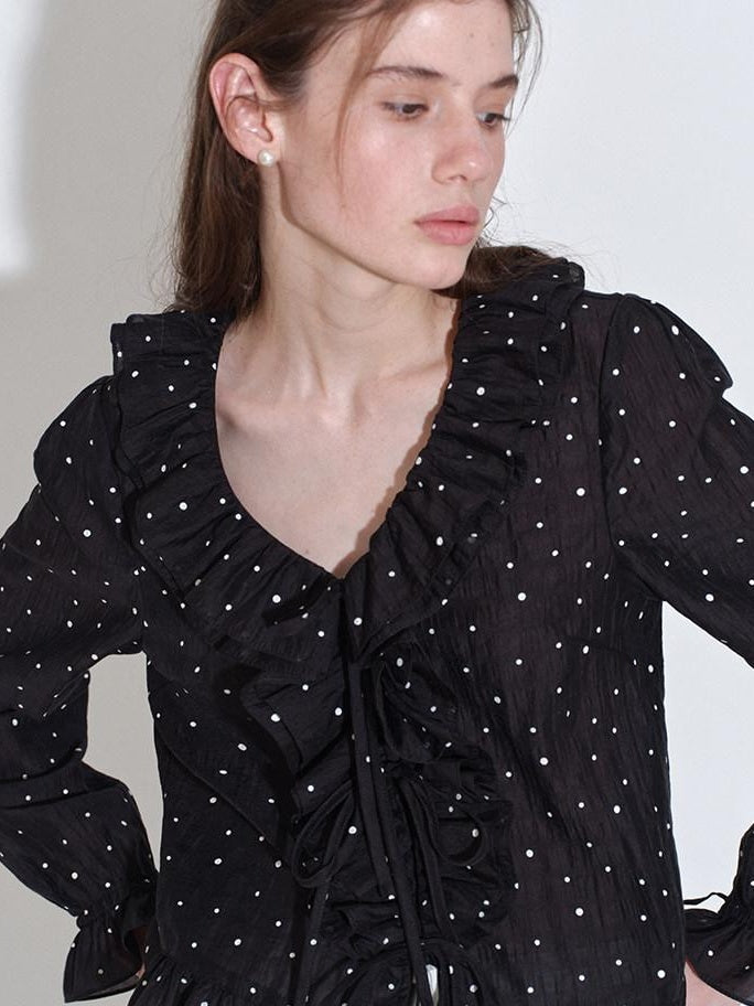 fano Shape Retaining Lyocell Korean Slim Fit V-neck Long Sleeve Polka Dot Blouses