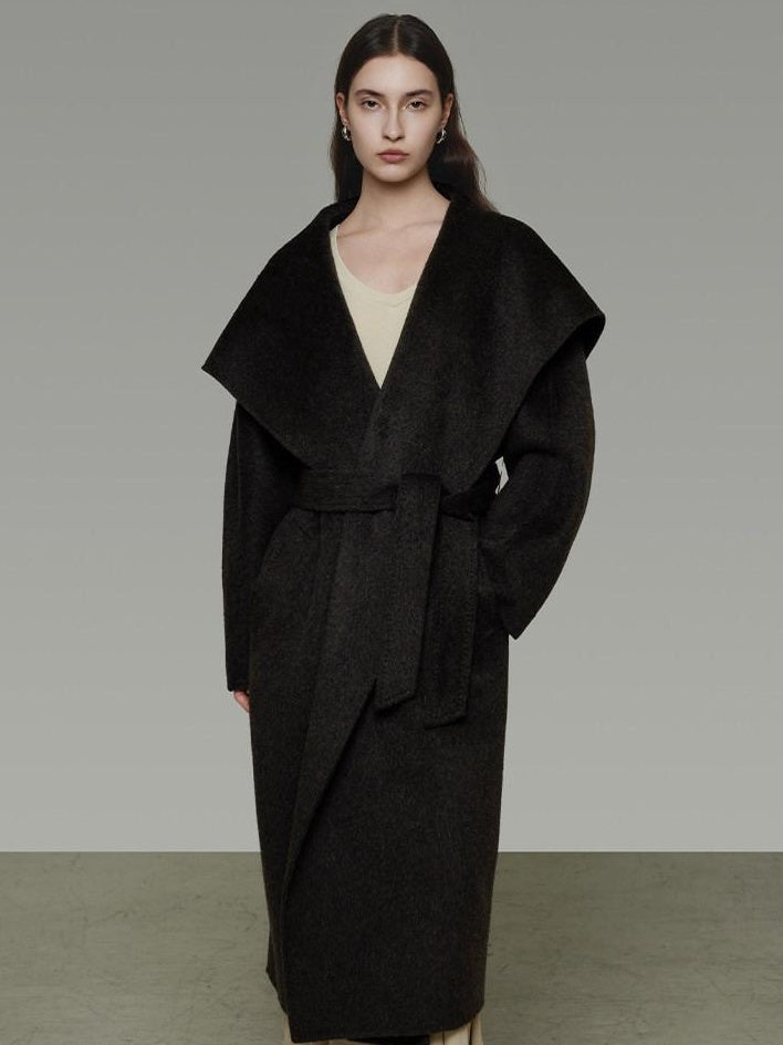 unspoken Pure Sheepswool Long Belted Lapel Loose Tailored Office Coffee Brown Wool Coats