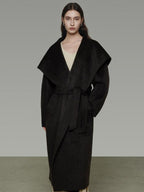 unspoken Pure Sheepswool Long Belted Lapel Loose Tailored Office Coffee Brown Wool Coats