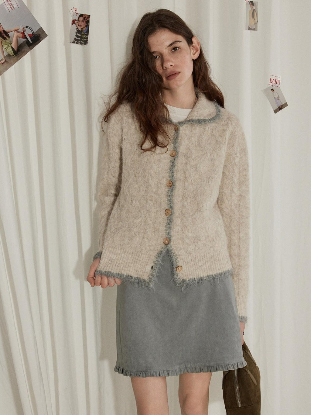 Lofi choose Wool Blend Contrast Trim Relaxed Lapel Button Women Oatmeal Knit Cardigans