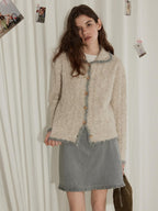Lofi choose Wool Blend Contrast Trim Relaxed Lapel Button Women Oatmeal Knit Cardigans
