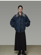 unspoken Warm Cotton Blend Loose Commuter Zipper Fur Collar Blue Gray Denim Jackets