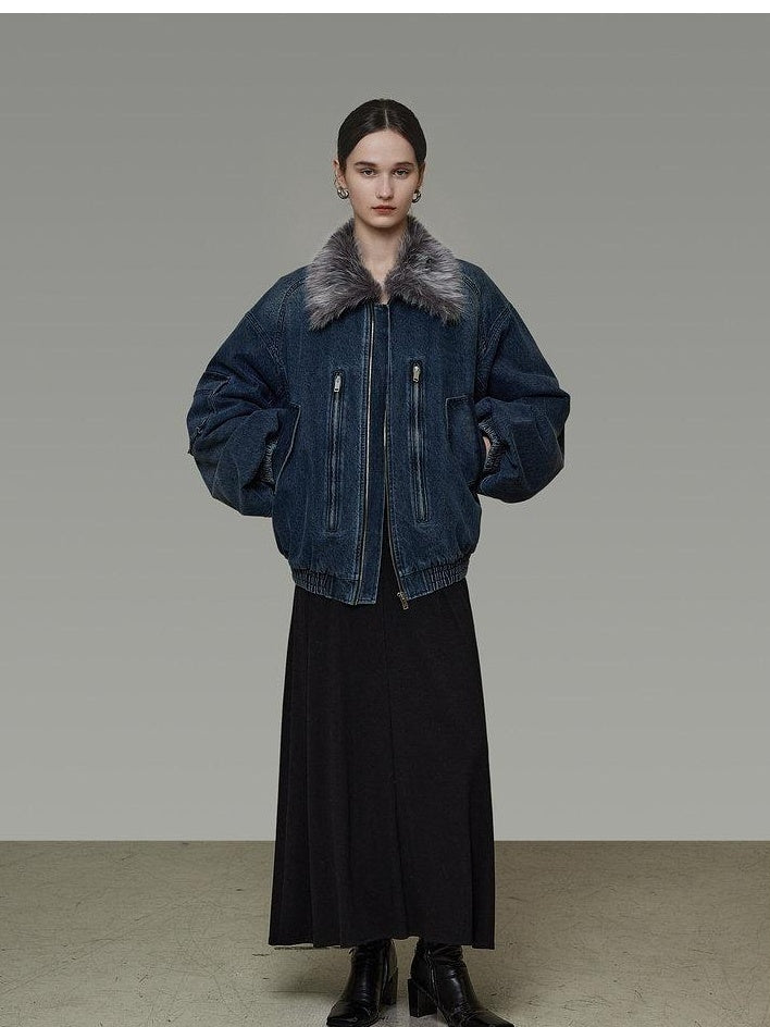 unspoken Warm Cotton Blend Loose Commuter Zipper Fur Collar Blue Gray Denim Jackets