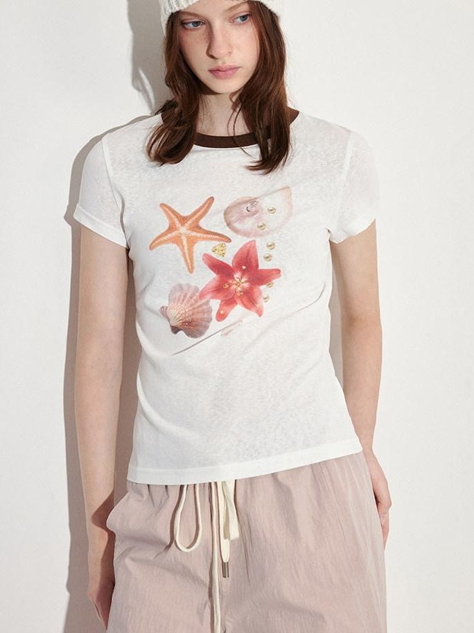 fano Breathable Lyocell Blend Korean Slim Fit White Printed Short Sleeve T-Shirts