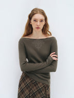 someonesometimes Soft Acrylic Wool Nylon Blend Slim Fit Printed Boat Neck Women Mud Green Sweater