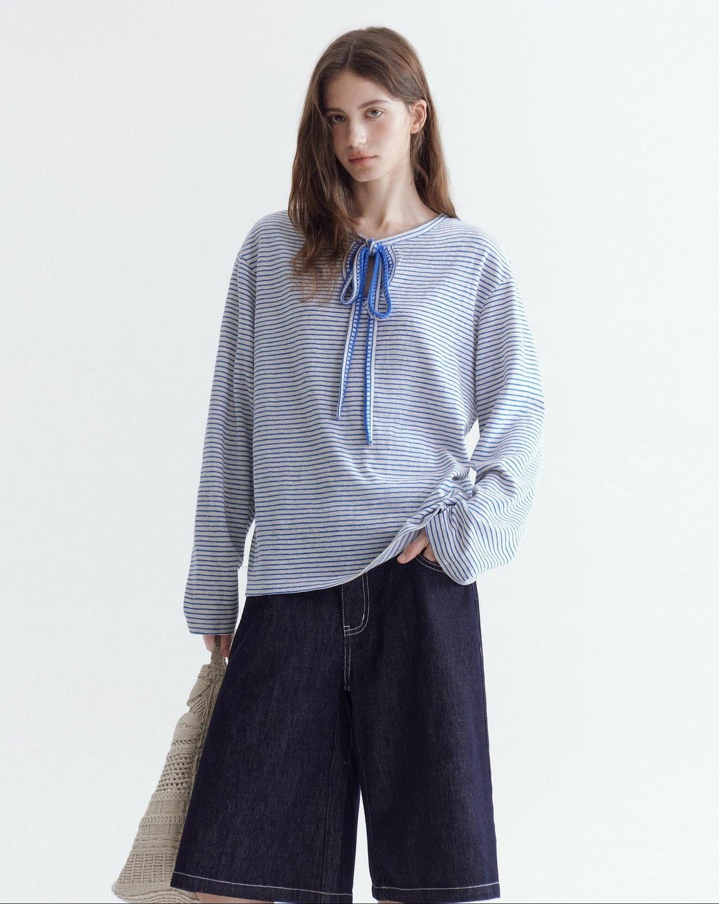 fano Space Cotton Blue White Fine Stripe Office Women Long Sleeve T-Shirts
