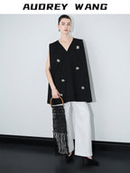 audreyyang Original Beaded Loose V-neck Mid Length Open Front Women Polyester Vests