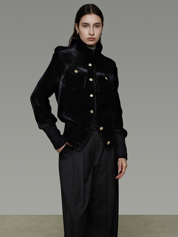 unspoken Tailored Slim Minimalist Commuter Stand Collar Women Black Short Coat