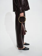 audreyyang Pu Faux Leather Casual Natural Waist Zip Fly Women Straight Pants