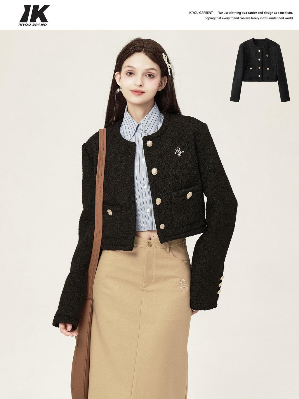 ikyou 3D Button Trim Slim Fit Office Long Sleeve Solid Polyester Cropped Jackets