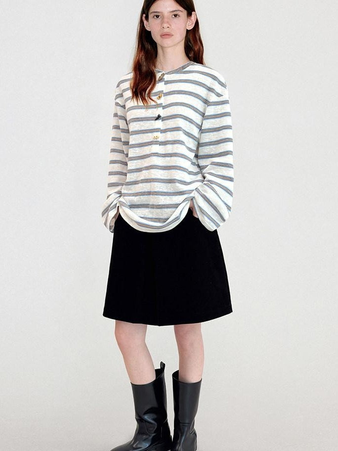fano Cotton Blend Relaxed Loose Round Neck Women Striped Long Sleeve T-Shirts