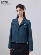 ikyou Cotton Blend Casual Regular Fit Short Button Blue Women Denim Jackets