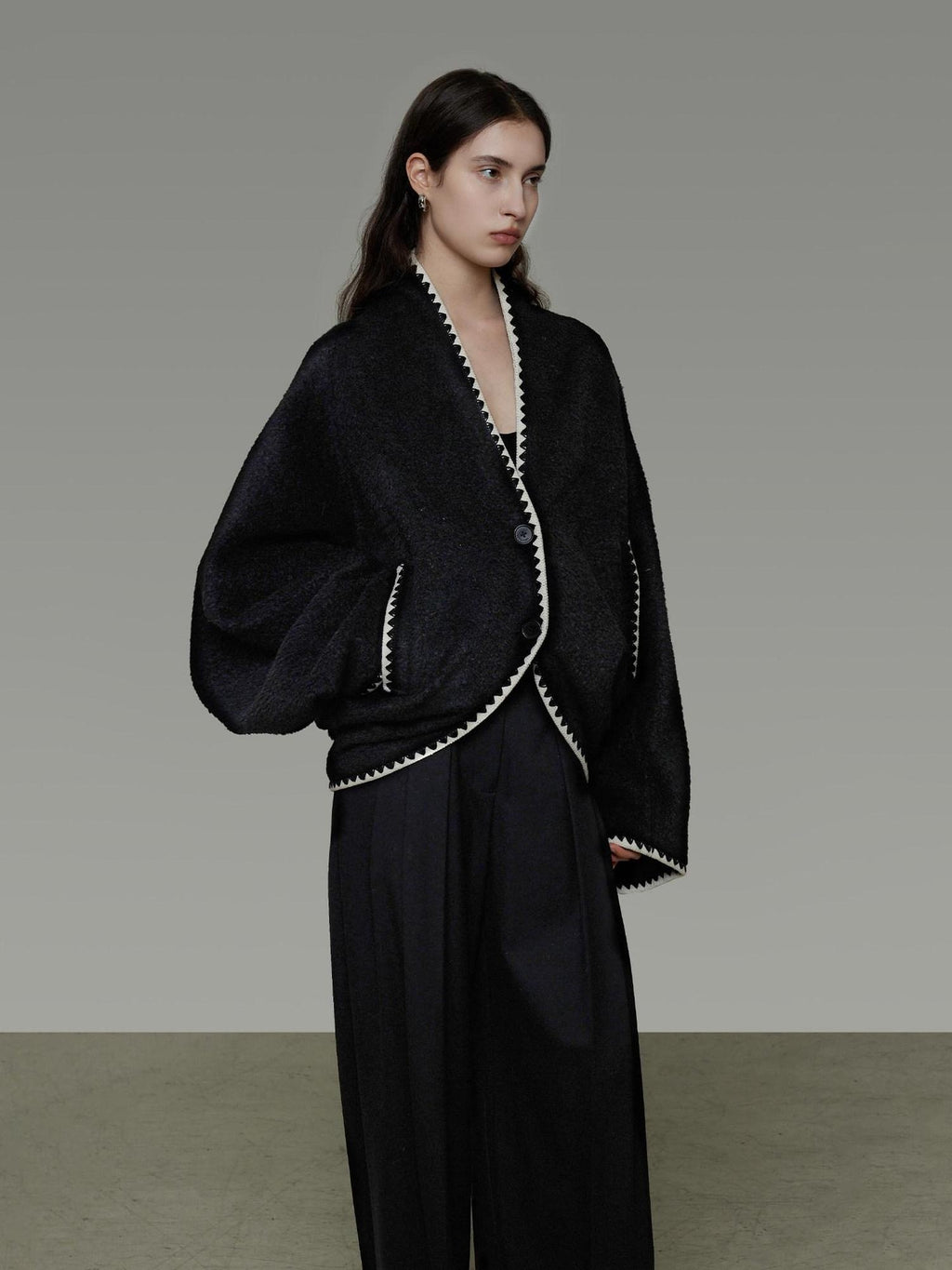 unspoken Minimalist Commuter Tailored Oversized V-neck Short Black Women Wool Coats
