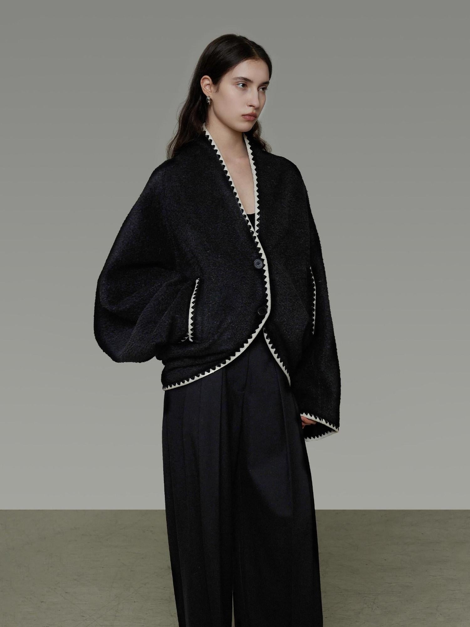 unspoken Minimalist Commuter Tailored Oversized V-neck Short Black Women Wool Coats