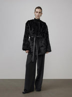unspoken Faux Fur Lined Minimal Oversized Womens Black Round Neck Long Sleeve Short Coat