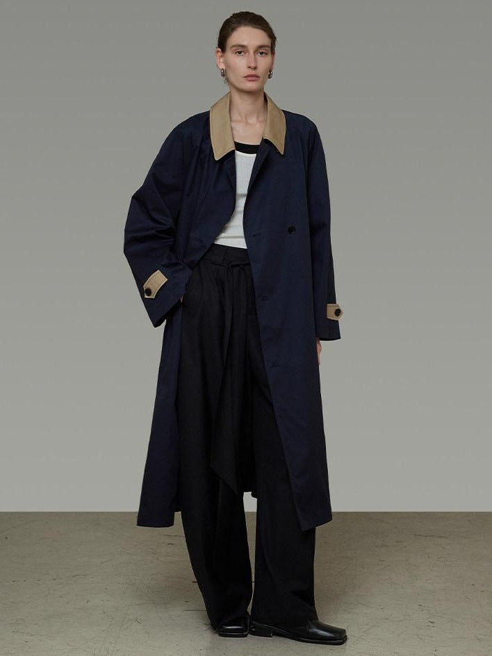 unspoken Minimal Commuter Cotton Loose Fit Single Breasted Long Navy Trench Coats