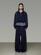 unspoken Breathable Soft Cotton Minimal Mid Rise Drawstring Navy Women Wide Leg Pants