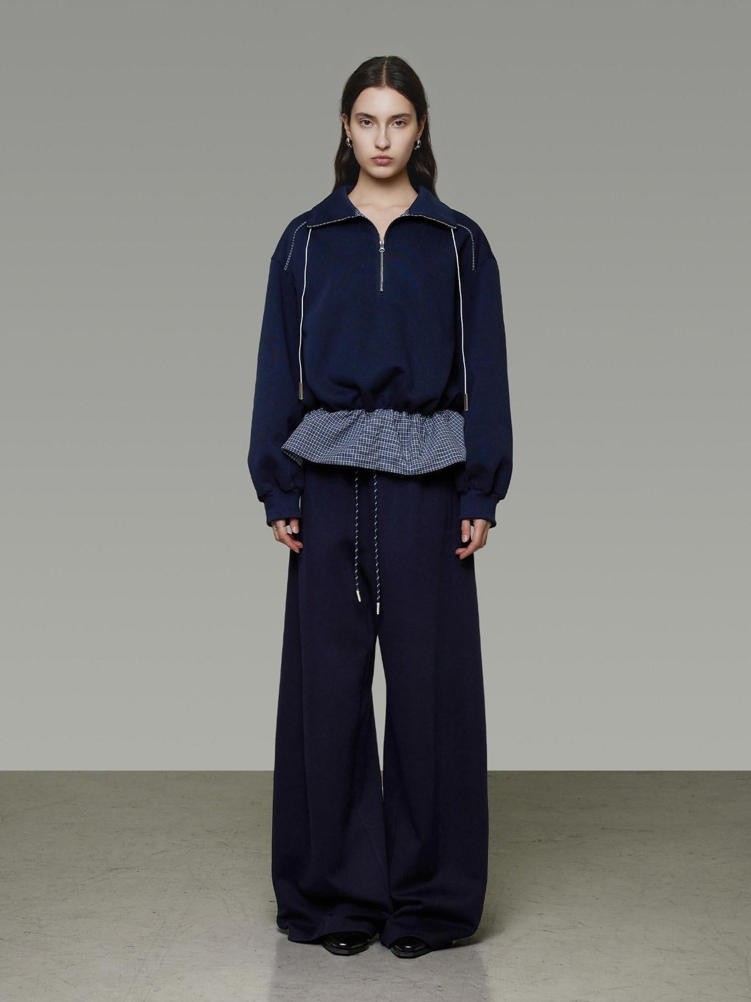 unspoken Breathable Soft Cotton Minimal Mid Rise Drawstring Navy Women Wide Leg Pants