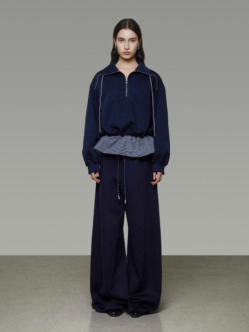 unspoken Breathable Soft Cotton Minimal Mid Rise Drawstring Navy Women Wide Leg Pants