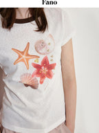 fano Breathable Lyocell Blend Korean Slim Fit White Printed Short Sleeve T-Shirts