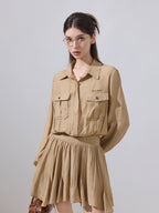 ikyou Cooling Soft Viscose Embroidered A Line Cinched Waist Office Khaki Midi Dresses