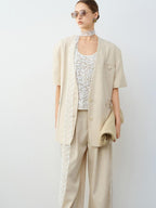 audreyyang Pure Linen Commuter Loose Fit Short Sleeve V-neck Women White Blazers