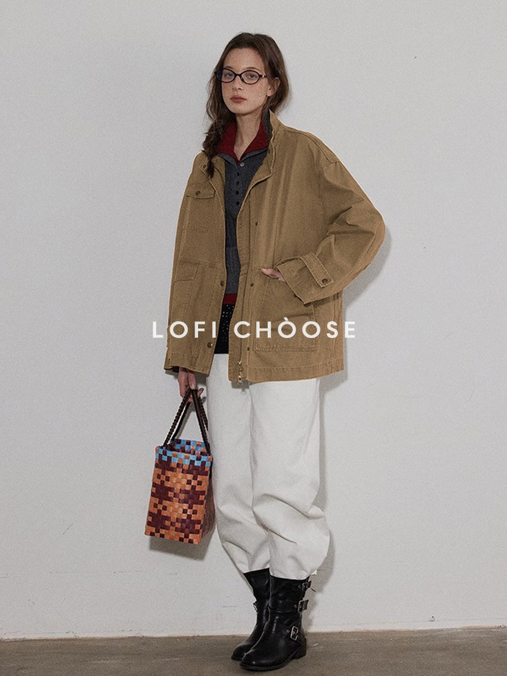Lofi choose Airy Loose Fit Commuter Lapel Button Longsleeve Solid Khaki Cropped Jackets