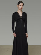 unspoken Lyocell Knit Lace Trim Fitted Waist Minimal Commuter V-neck Maxi Dresses