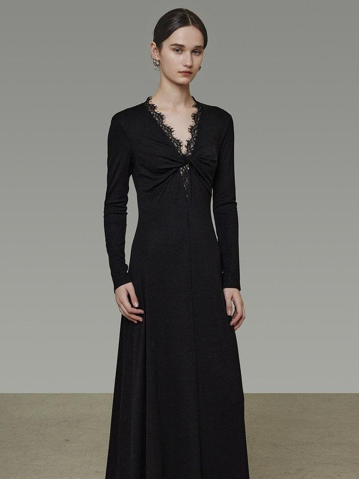 unspoken Lyocell Knit Lace Trim Fitted Waist Minimal Commuter V-neck Maxi Dresses