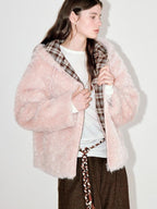 fano Cozy Lotus Pink Plaid Zip Closure Relaxed Loose Fit Womens Outerwear Long Coats
