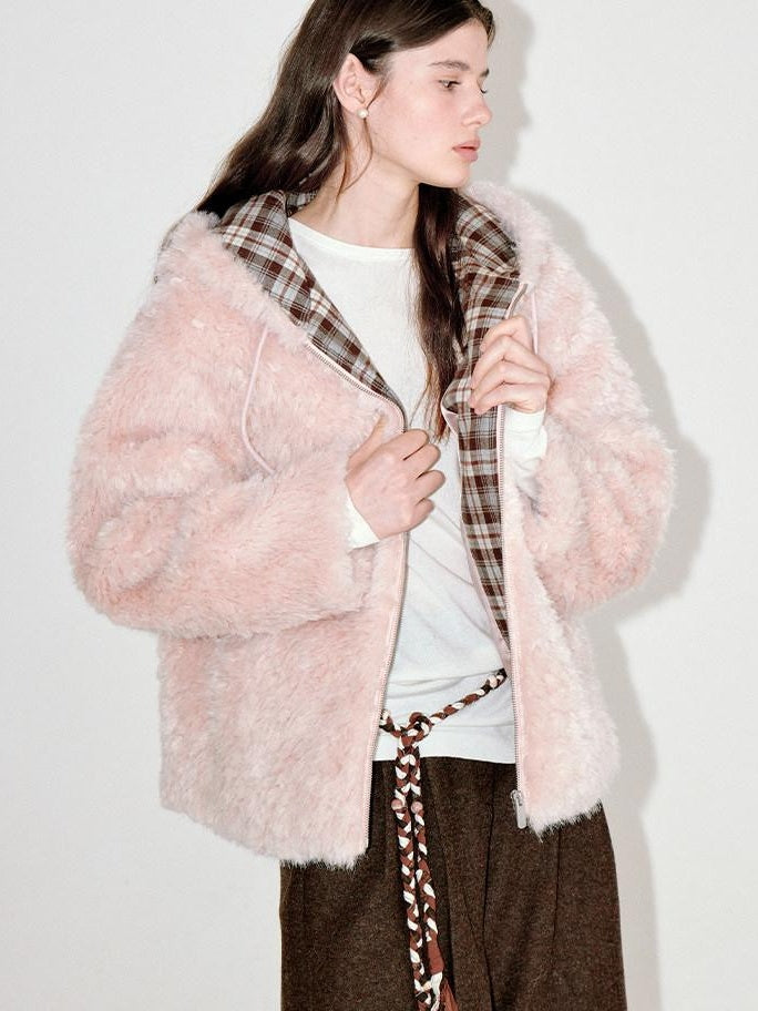 fano Cozy Lotus Pink Plaid Zip Closure Relaxed Loose Fit Womens Outerwear Long Coats