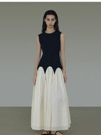 unspoken Colorblock High Waist Minimalist A Line Round Neck Office Ready Maxi Dresses
