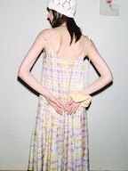 fano Viscose Printed Purple Yellow Check A Line Camisole Korean Commuter Maxi Dresses