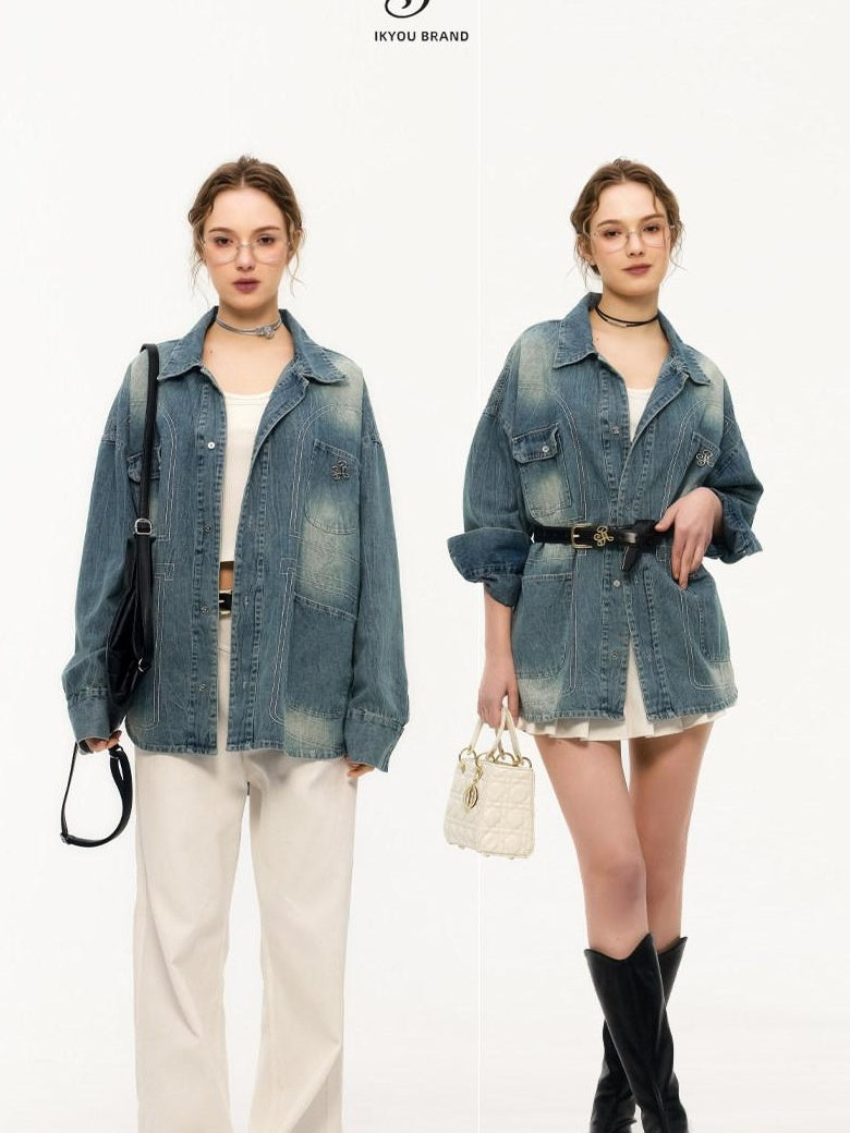 ikyou Shape Retaining Vintage Loose 3D Detail Women Midlength Blue Denim Jackets