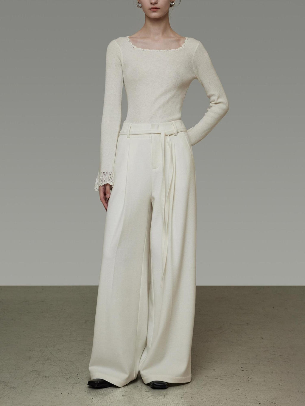unspoken High Waist Drawstring Minimalist Breathable White Women Wide Leg Pants