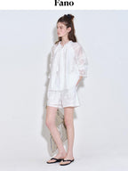 fano Breathable Lyocell Relaxed Three Quarter Sleeve White Lounge Top & Shorts Sets