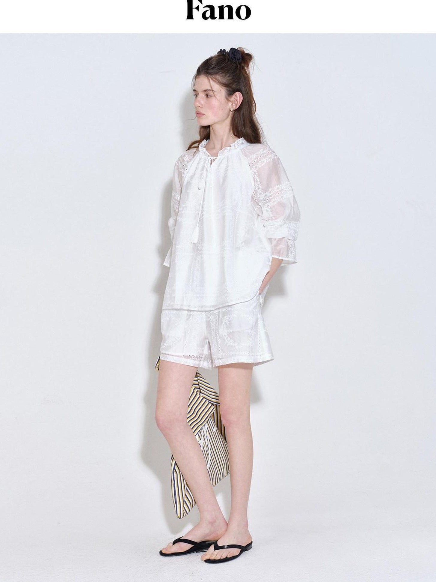 fano Breathable Lyocell Relaxed Three Quarter Sleeve White Lounge Top & Shorts Sets