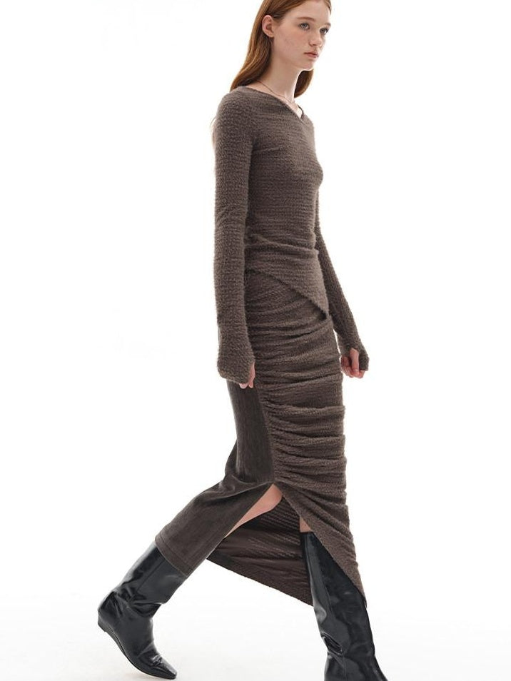 someone sometimes Slim Knit Minimal Casual Crewneck Long Sleeve Women Gray Top & Skirt Sets