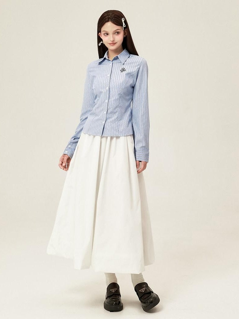 ikyou Embroidered Slim Commuter Square Neck Striped Long Sleeve Cotton Blend Shirts