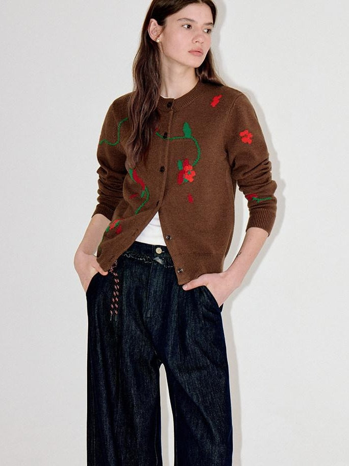 fano Soft Acrylic Blend Oversized Round Neck Single Row Button Women Brown Cardigans
