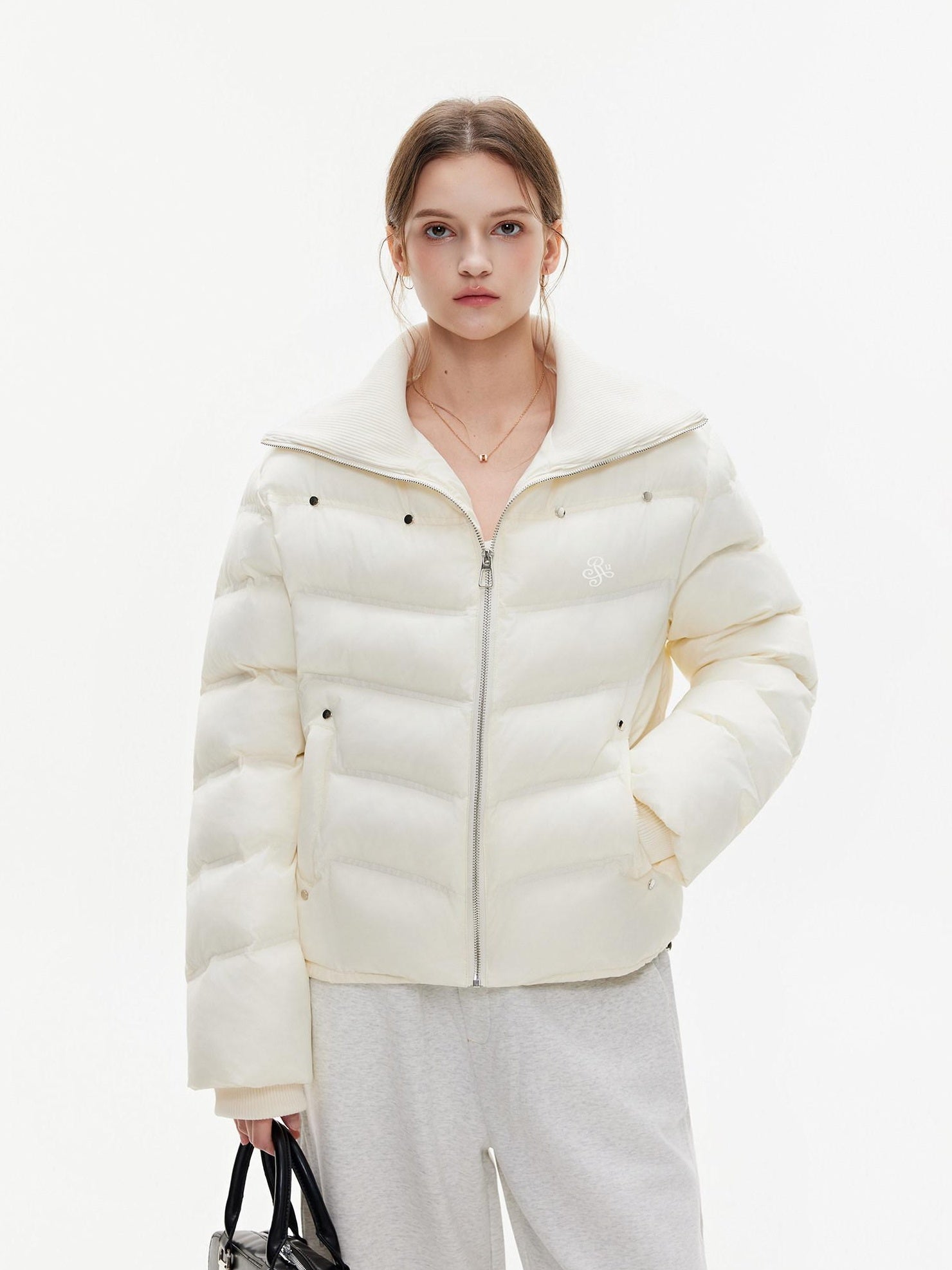ikyou Warm Thick Commuter Loose Pocket Embroidery Zipper White Padded Puffer Jackets