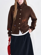 fano Soft Wool Blend Knit Commuter Loose Fit Stand Collar Women Brown Cardigans