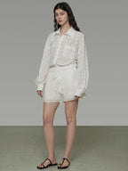 unspoken Pure Ramie Tie Waist Straight Leg Minimal Workwear Women White Mid-Length Shorts