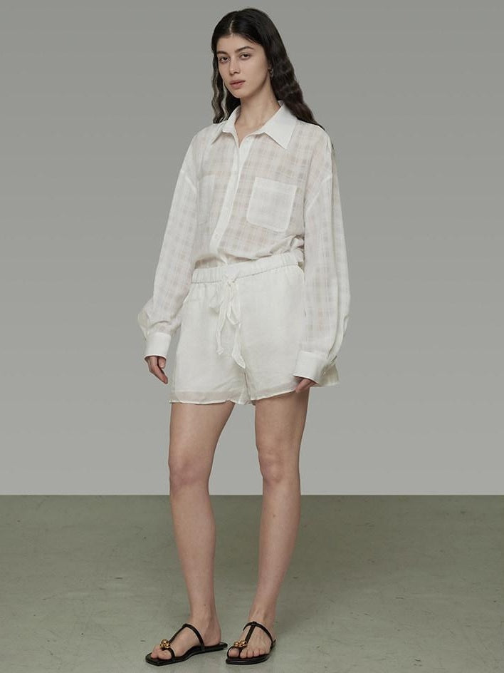 unspoken Pure Ramie Tie Waist Straight Leg Minimal Workwear Women White Mid-Length Shorts