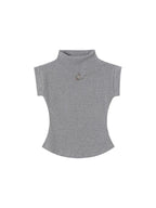 ikyou 3D Embellished Slim Fit Mock Neck Commuter Cotton Short Sleeve T-Shirts