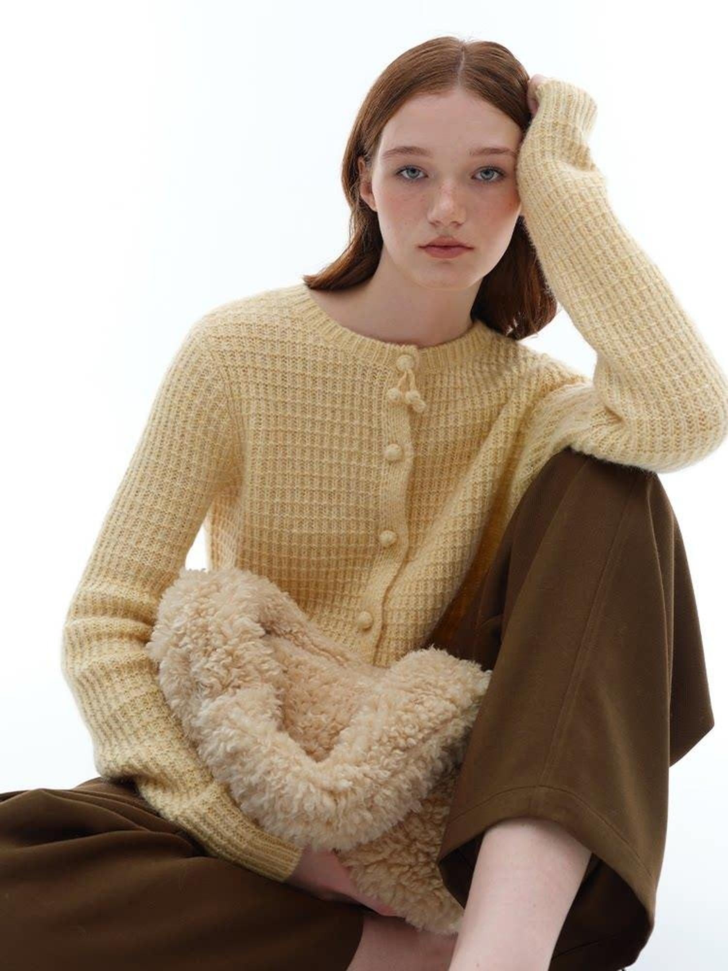 someonesometimes Soft Alpaca Blend Commuter Artsy Crew Neck Button Long Sleeve Cream Cardigans