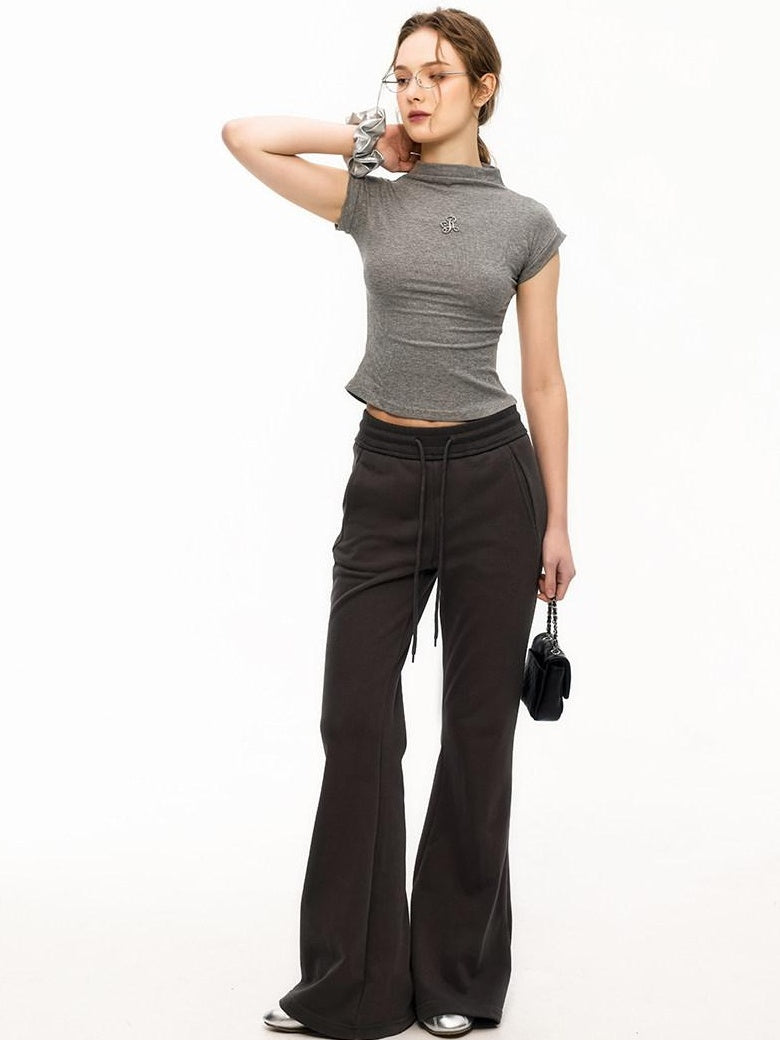 ikyou Cooling Wrinkle Free Slim Crop Half High Neck Solid Short Sleeve T-Shirts
