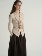 someone sometimes Ruffled V-neck Slim Fit Thin Knit Viscose Women Oatmeal Long Sleeve T-Shirts
