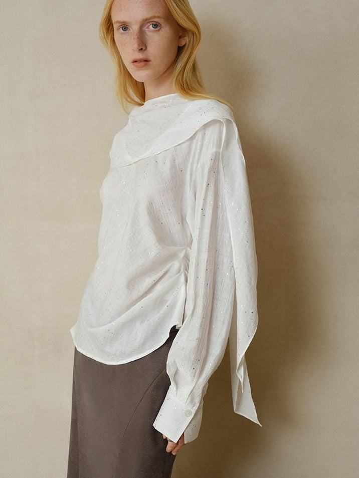 someonesometimes Cooling French Loose Round Neck Sparkle White Nylon Long Sleeve Blouses