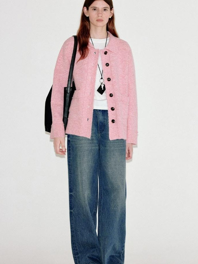 fano Thermal Warm Soft Knit Single Button Relaxed Fit Office Pink Cardigans